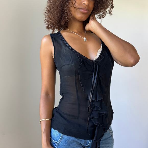 Vintage euro Black Sheer Silk-Feel Ruffle Blouse with Side Zip (S/M) - Picture 4 of 7